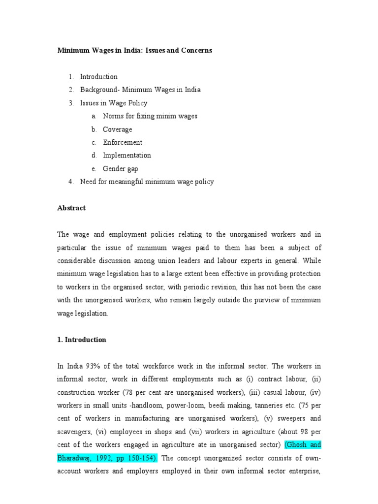 Analysis of Key Issues Related to Minimum Wage Policy in India's Informal Sector PDF Minimum