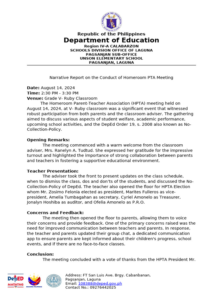 Narrative report on the conduct of homeroom pta meeting pdf