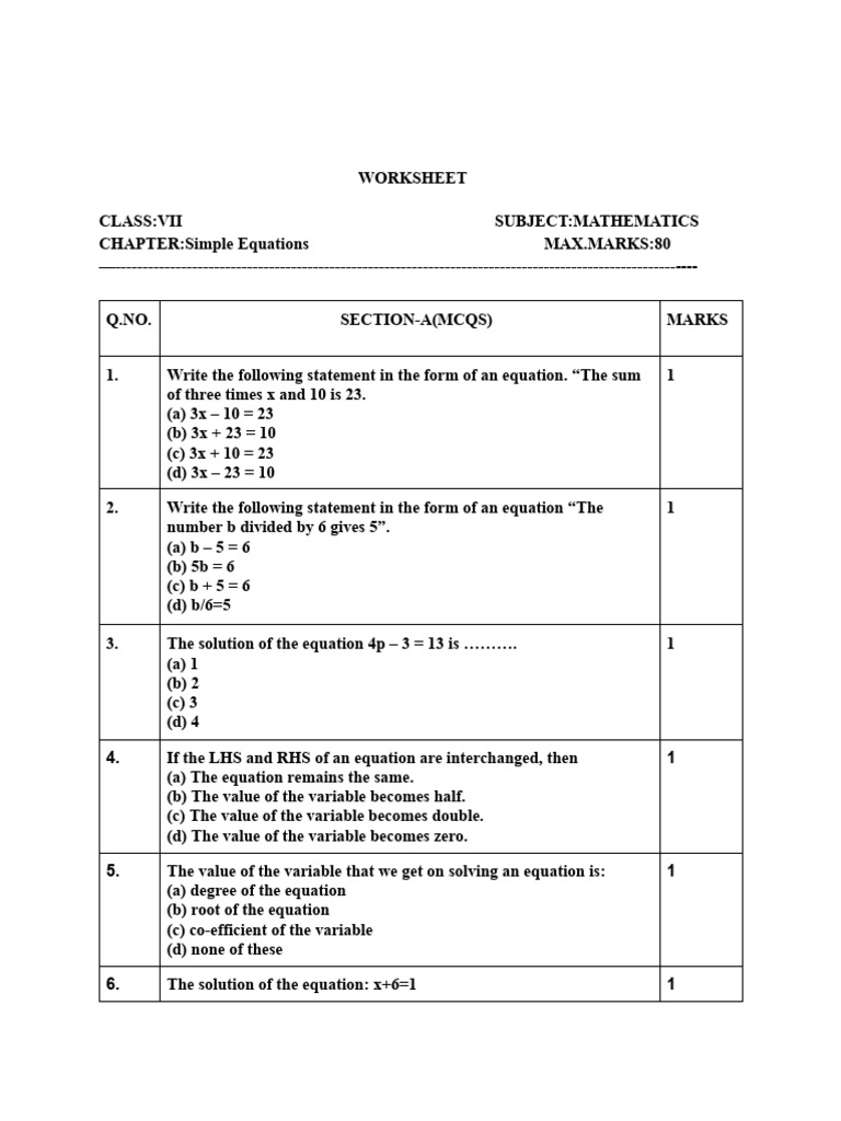 Class 7 Maths Worksheet - Simple Equations | PDF | Equations | Teaching ...