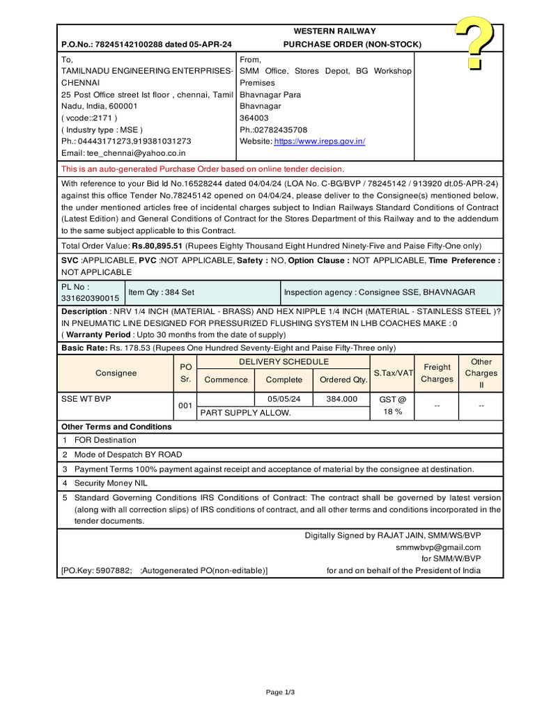 This Is An Auto-Generated Purchase Order Based On Online Tender ...