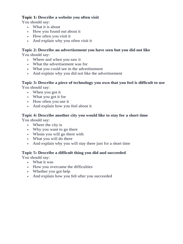 10 Topic For Practice Ielts Speaking Part 2 | PDF