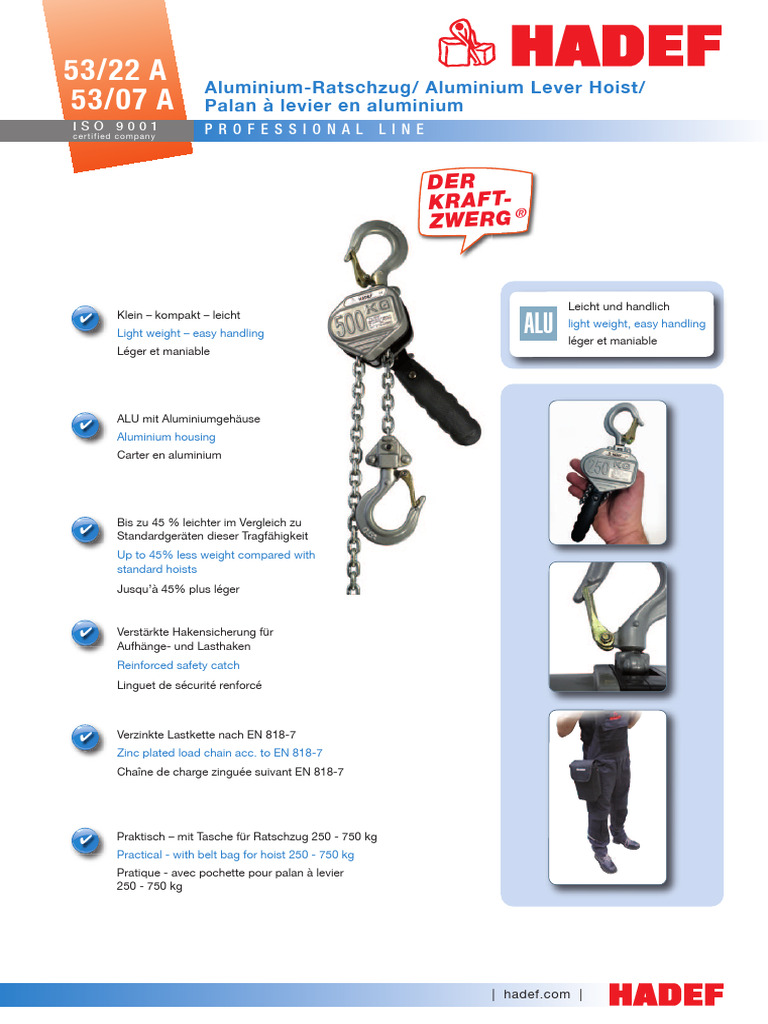 53 22 U 53 07 A HADEF Data Sheet Aluminium Lever Hoist | PDF