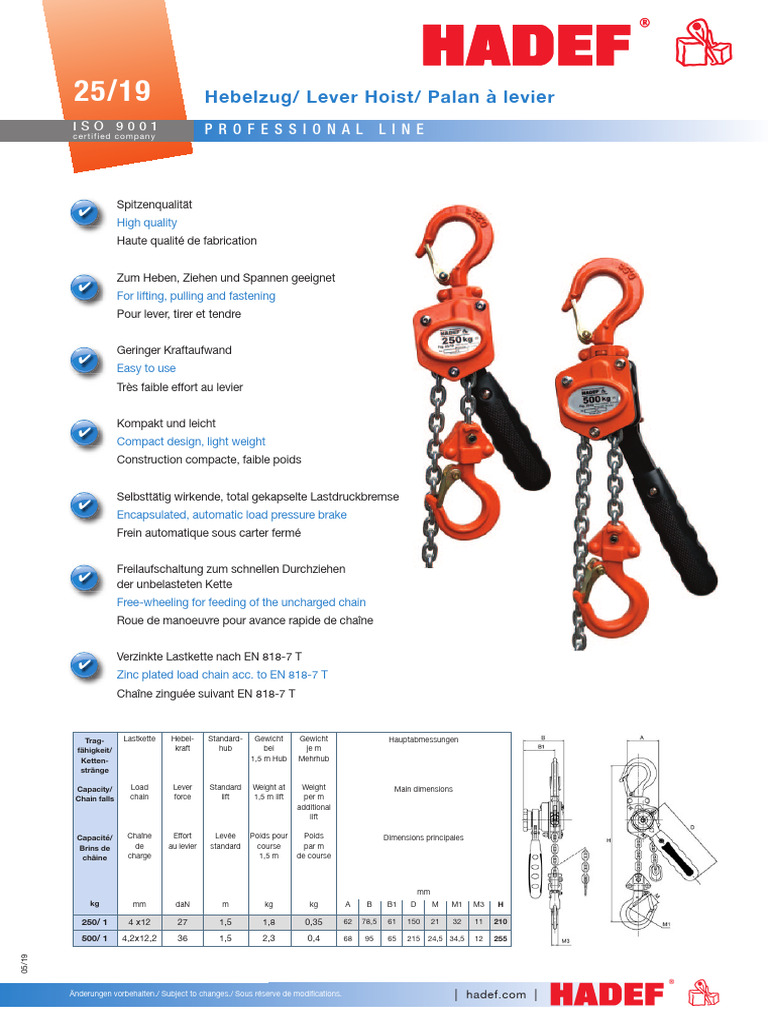 25 19 HADEF Data Sheet Ratchet Lever Hoist | PDF