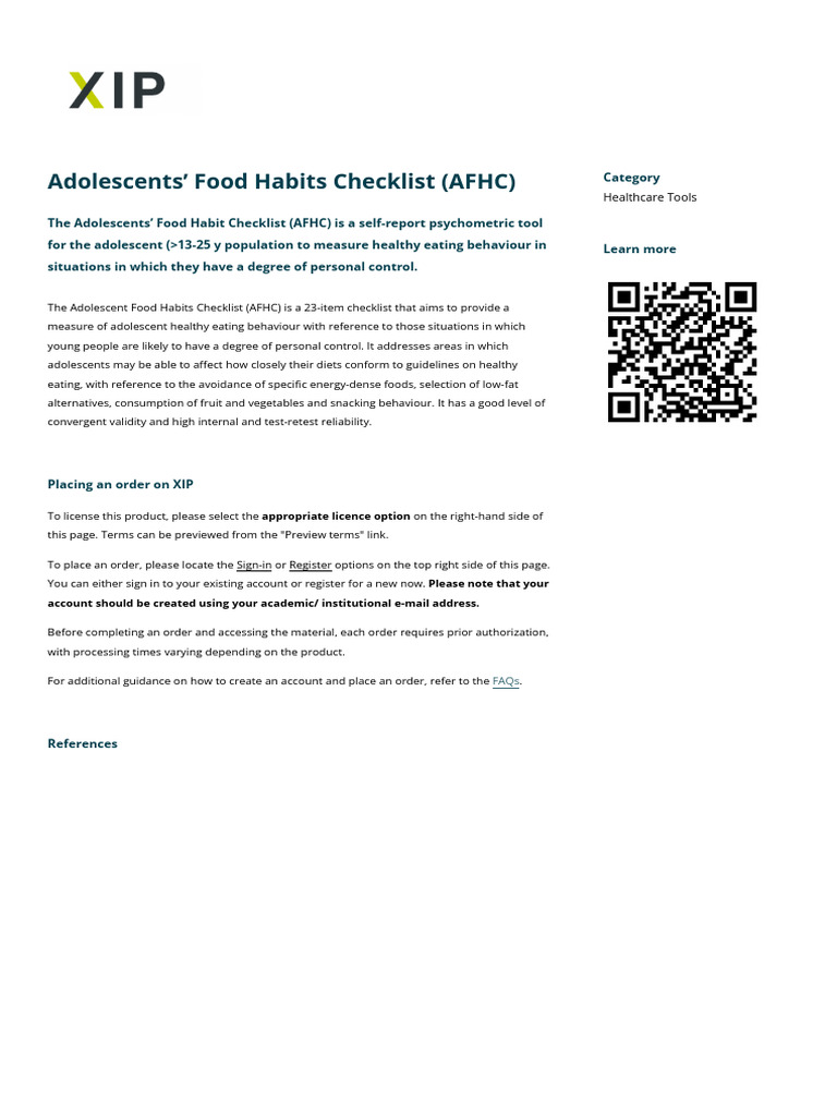 Adolescents Food Habits Checklist Afhc | PDF