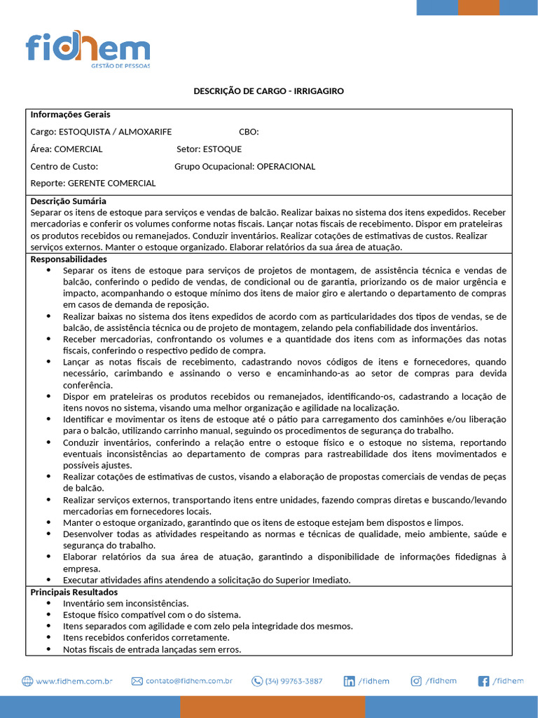 Estoquista - Almoxarife - DESCRIÇÃO DE CARGO | PDF