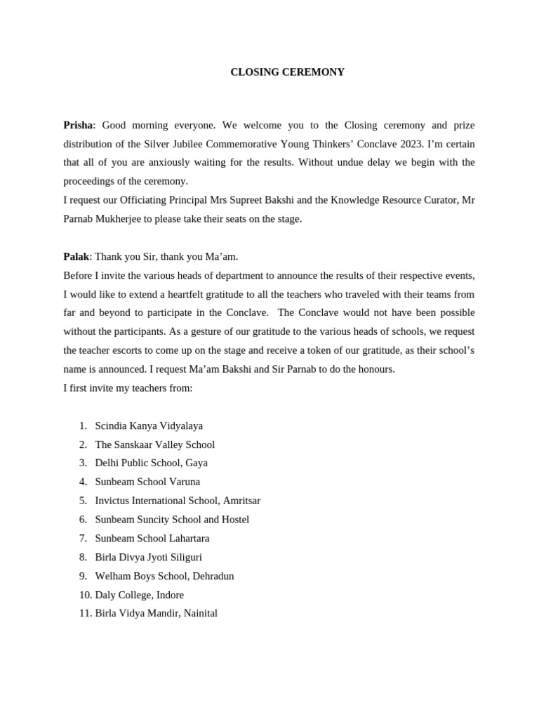 Final Closing Ceremony Compering - Silver Jubilee 2023 | PDF
