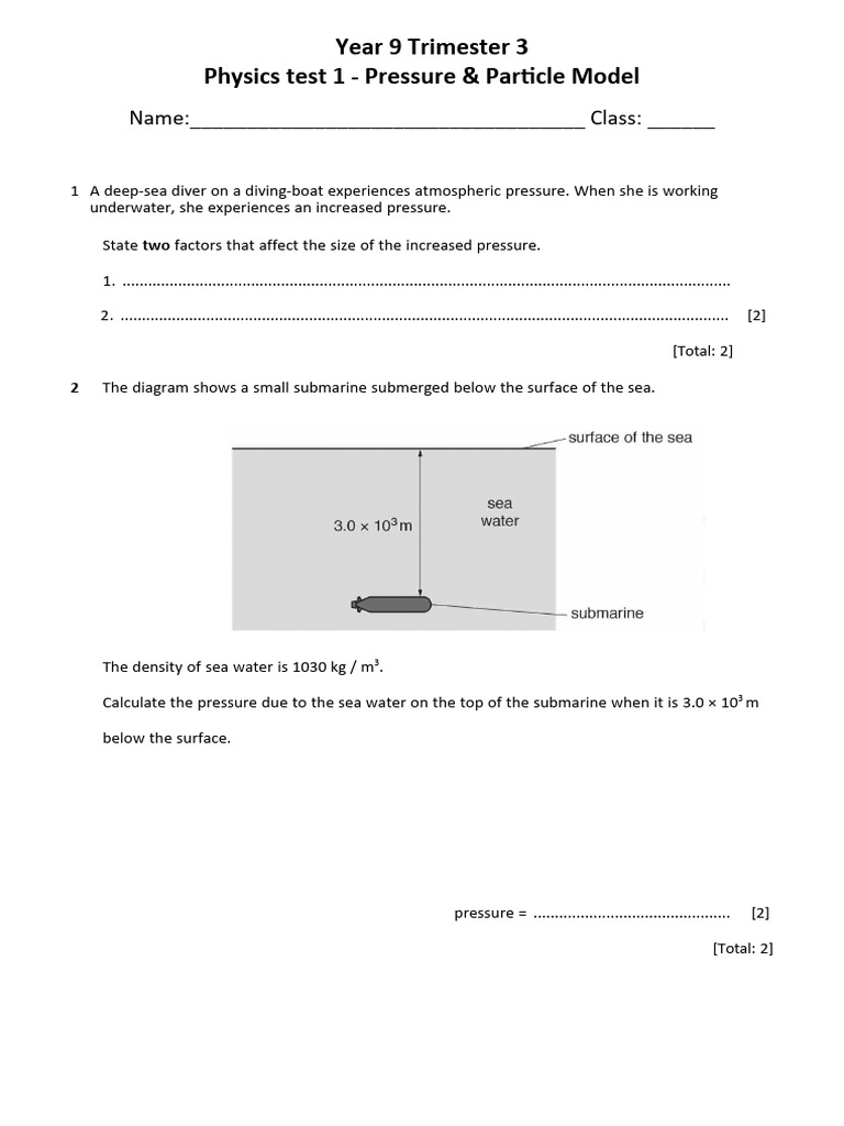 Year 9 Physics Test: Pressure & States | PDF | Gases | Liquids