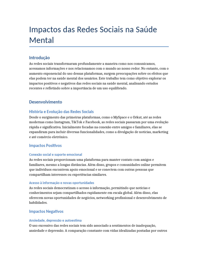 Impactos Das Redes Sociais Na Saude Mental | PDF