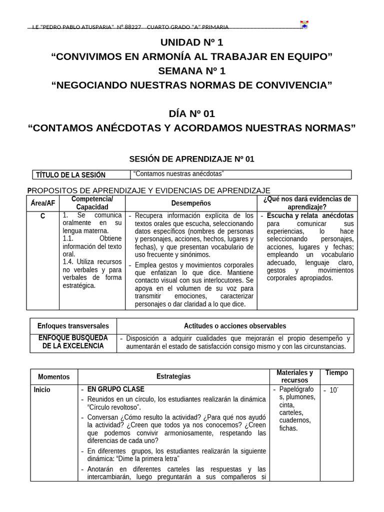 SESIONES - DE - APRENDIZAJE 4 Grado | PDF