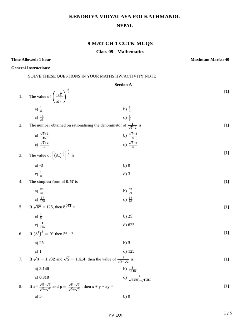 9 Mat CH 1 Assignment | PDF