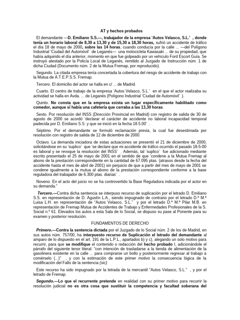 Hechos probados en accidente laboral | PDF | Sentencia (ley)