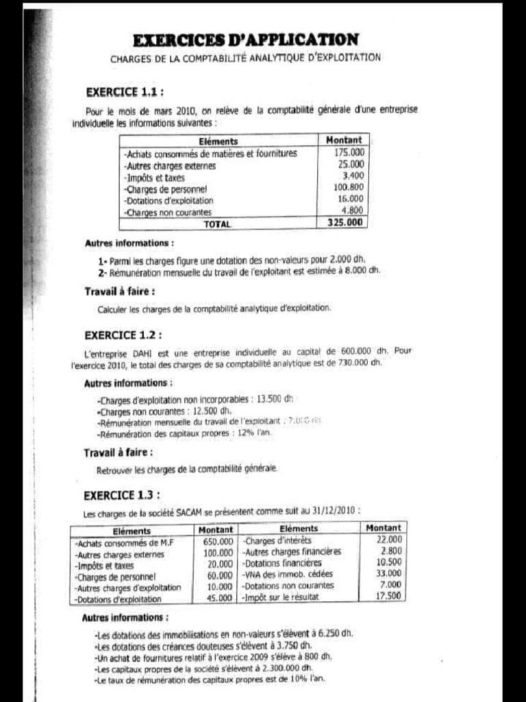 Exercice Corrigé Charges De La Comptabilité Analytique Pdf