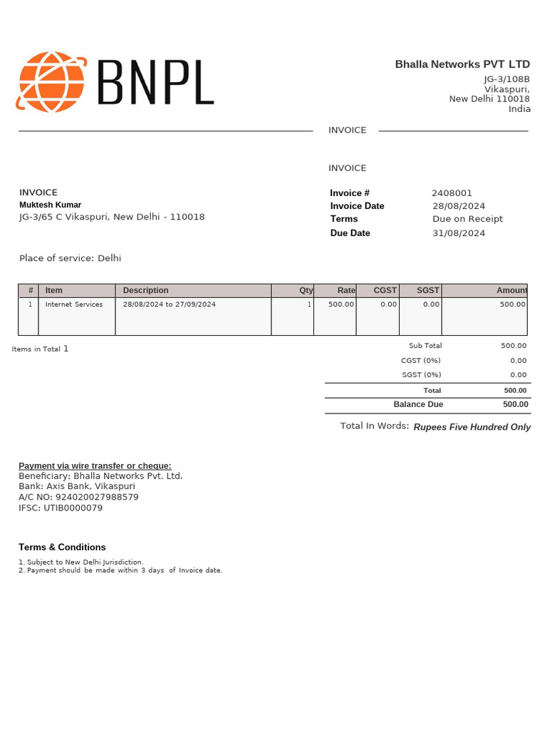 Invoice for Internet Services - Bhalla Networks | PDF