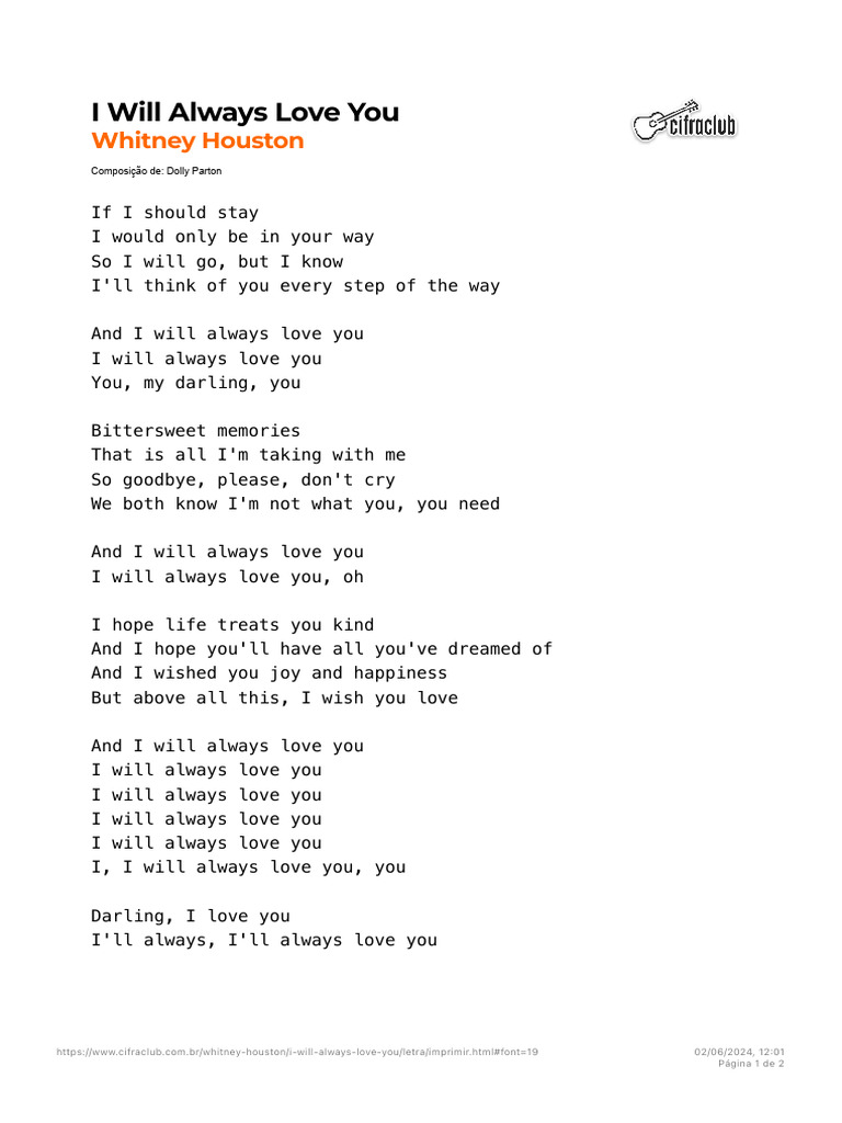 Cifra Club - Whitney Houston - I Will Always Love You | PDF