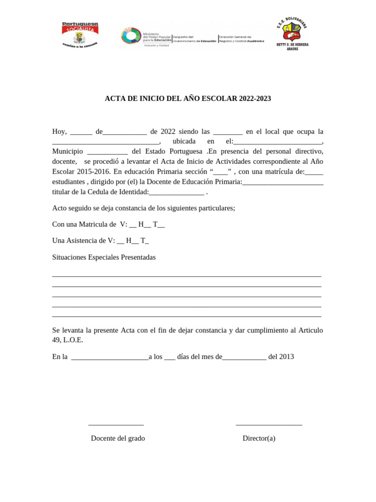 Acta de Inicio Año Escolar 2022-2023 | PDF