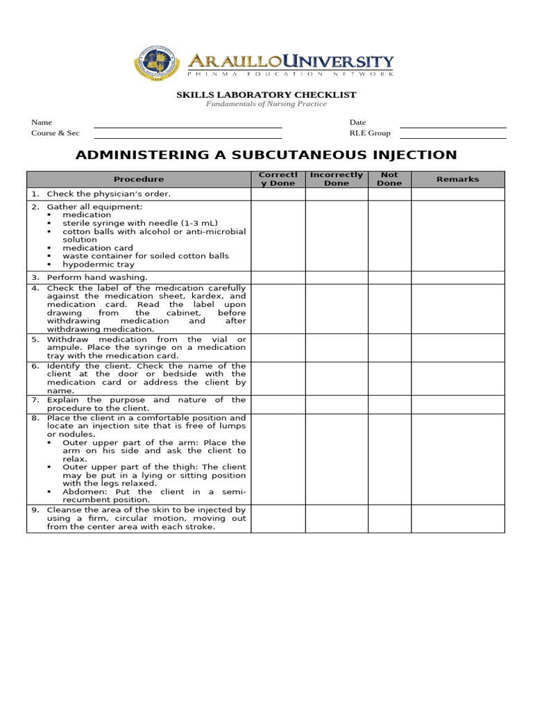 Subcutaneous Injection Administration Checklist | PDF | Syringe ...