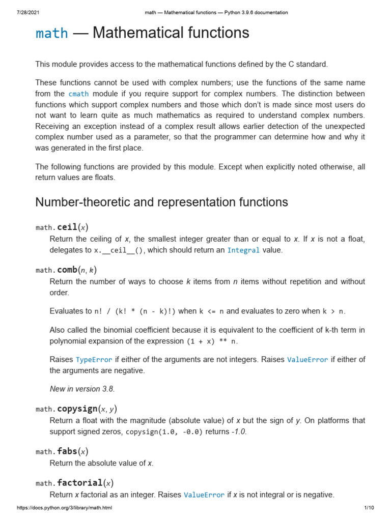 Math - Mathematical Functions - Python 3.9.6 Documentation | PDF