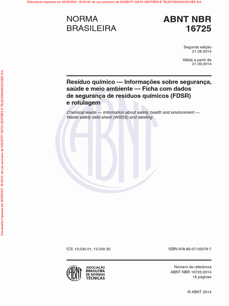 NBR 16725 - Informação de Saúde e Meio Ambiente FDSR | PDF
