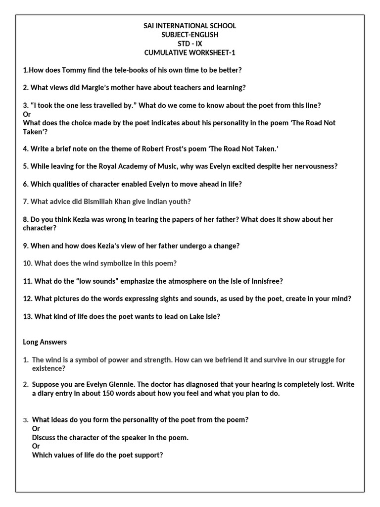 CUMULATIVE WORKSHEET-1-Class-IX | PDF