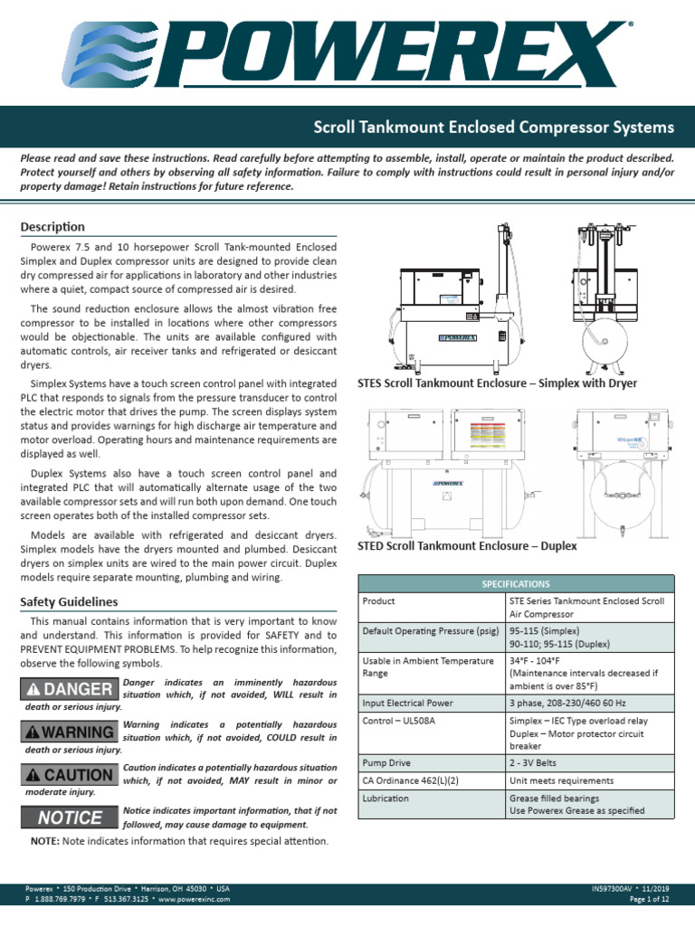 Powerex Scroll Tankmount Compressor Manual | PDF | Belt (Mechanical ...