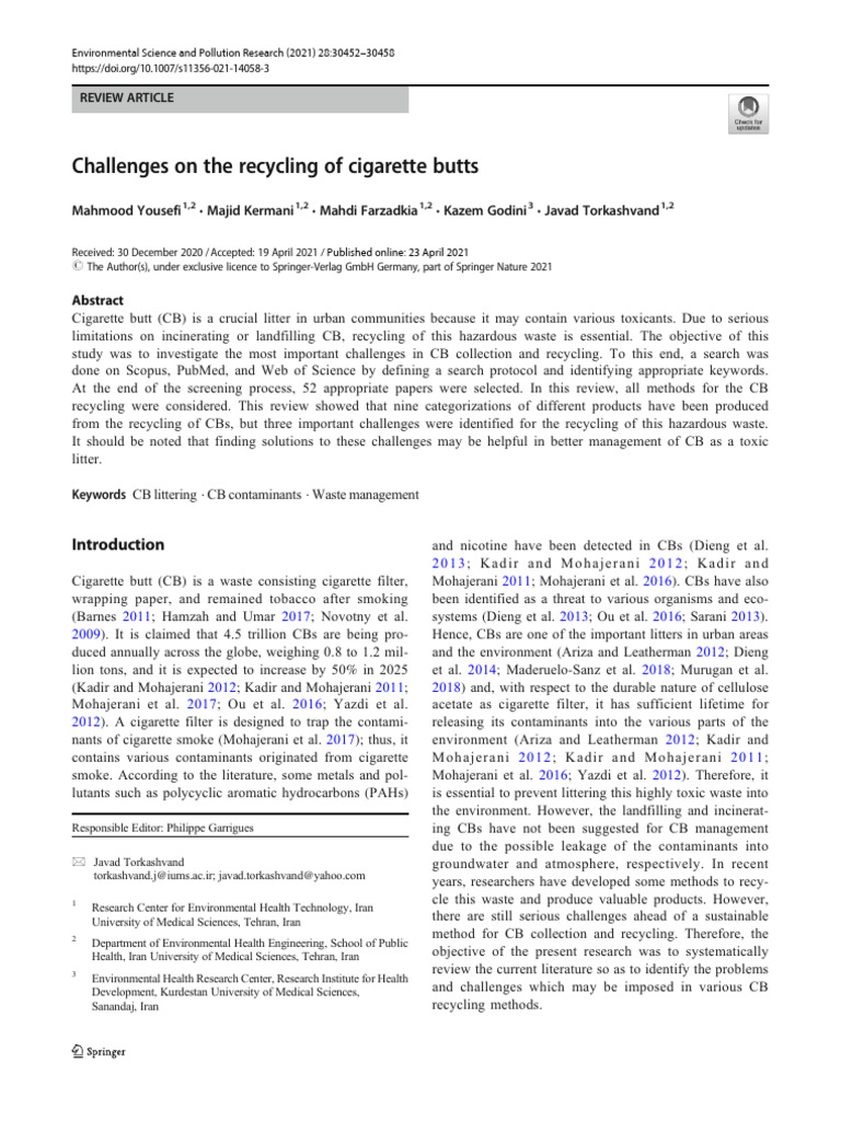 Challenges On The Recycling of Cigarette Butts | PDF