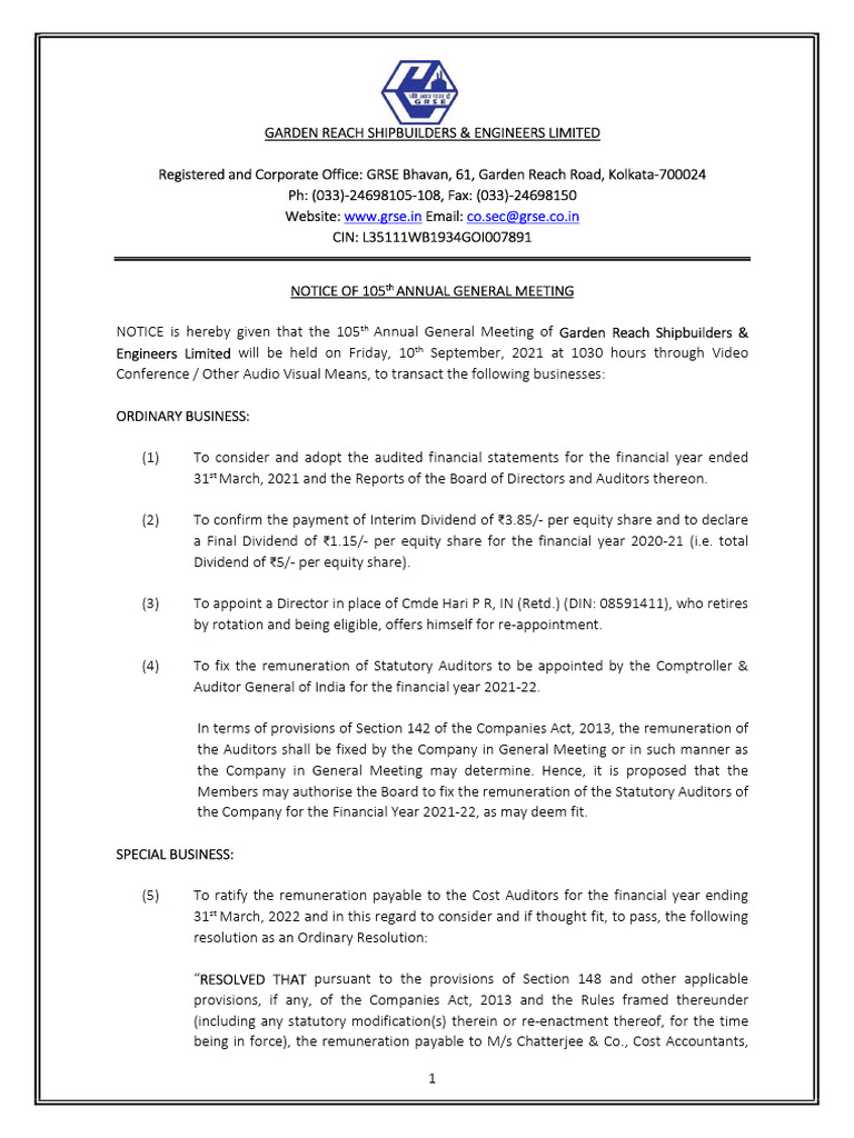 NOTICE For 105th Annual General Meeting of The Company Revised | PDF ...
