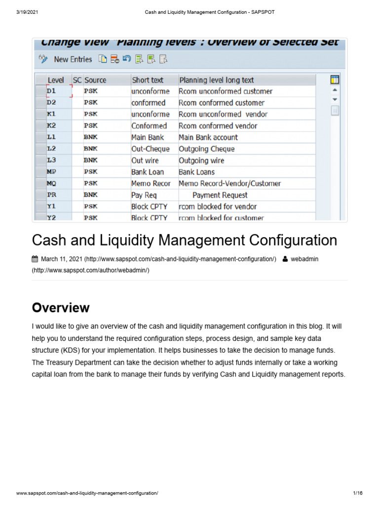 Cash and Liquidity Management Configuration | PDF