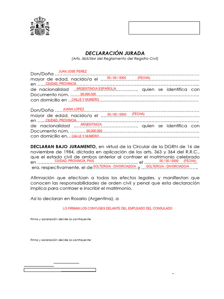 EJEMPLO Declaraci n Jurada Estado Civil PDF