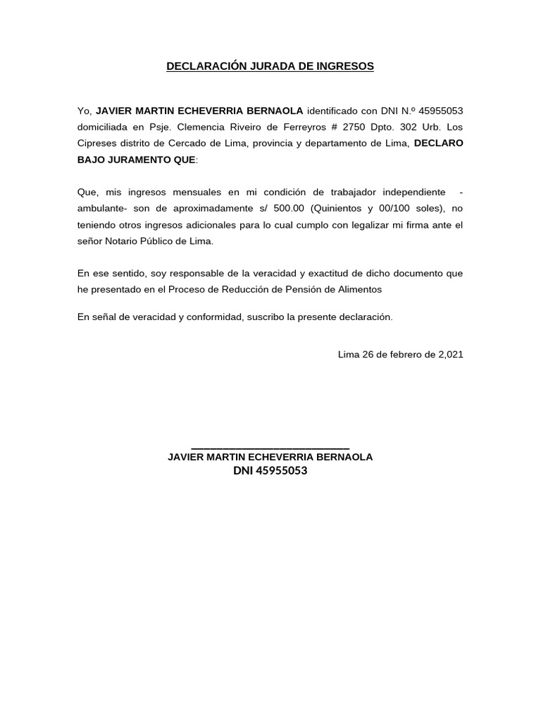 Declaración Jurada de Ingresos | PDF