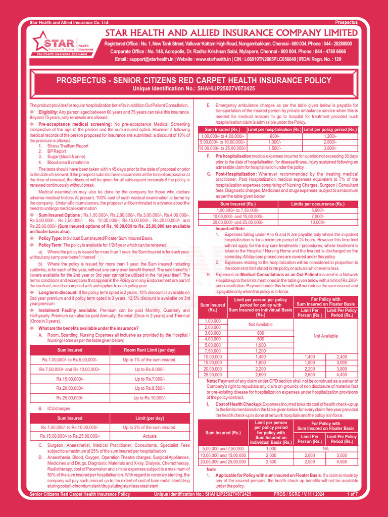 Prospectus - Senior Citizens Red Carpet Health Insuran | PDF | Hospital ...