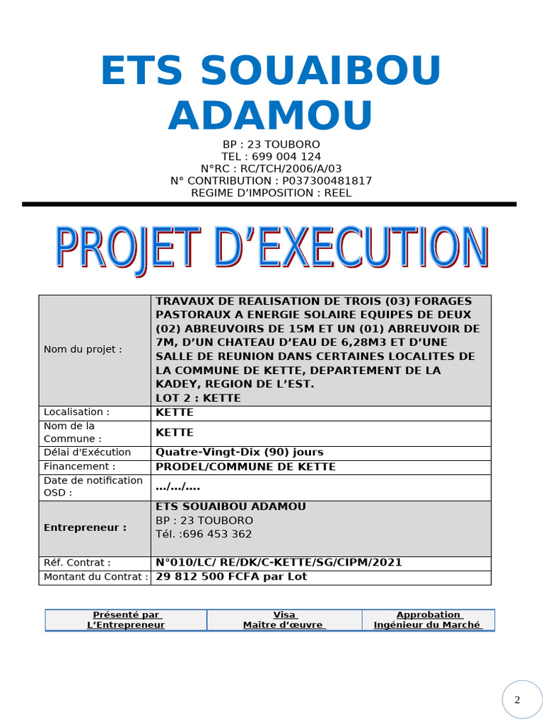 Projet D'execution Souaibou 1 | PDF