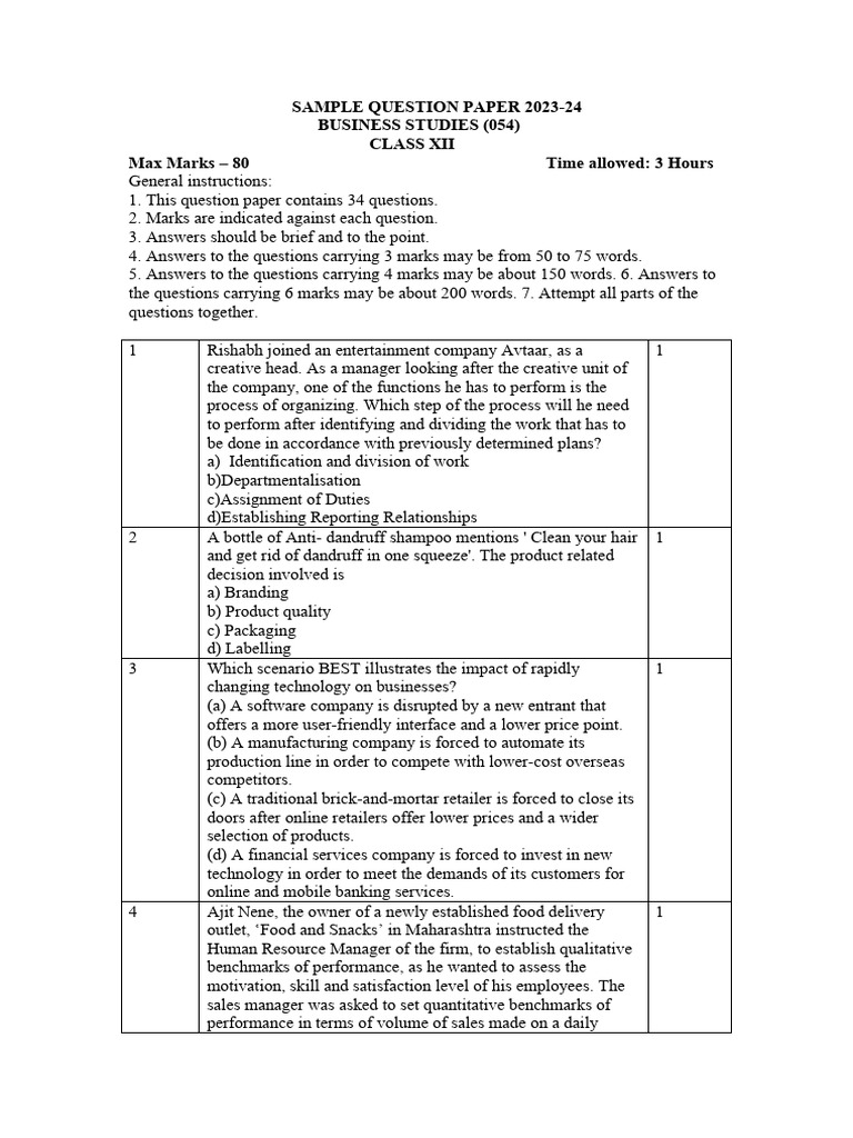 Class 12 Business STD Pre Board Sample Paper | PDF