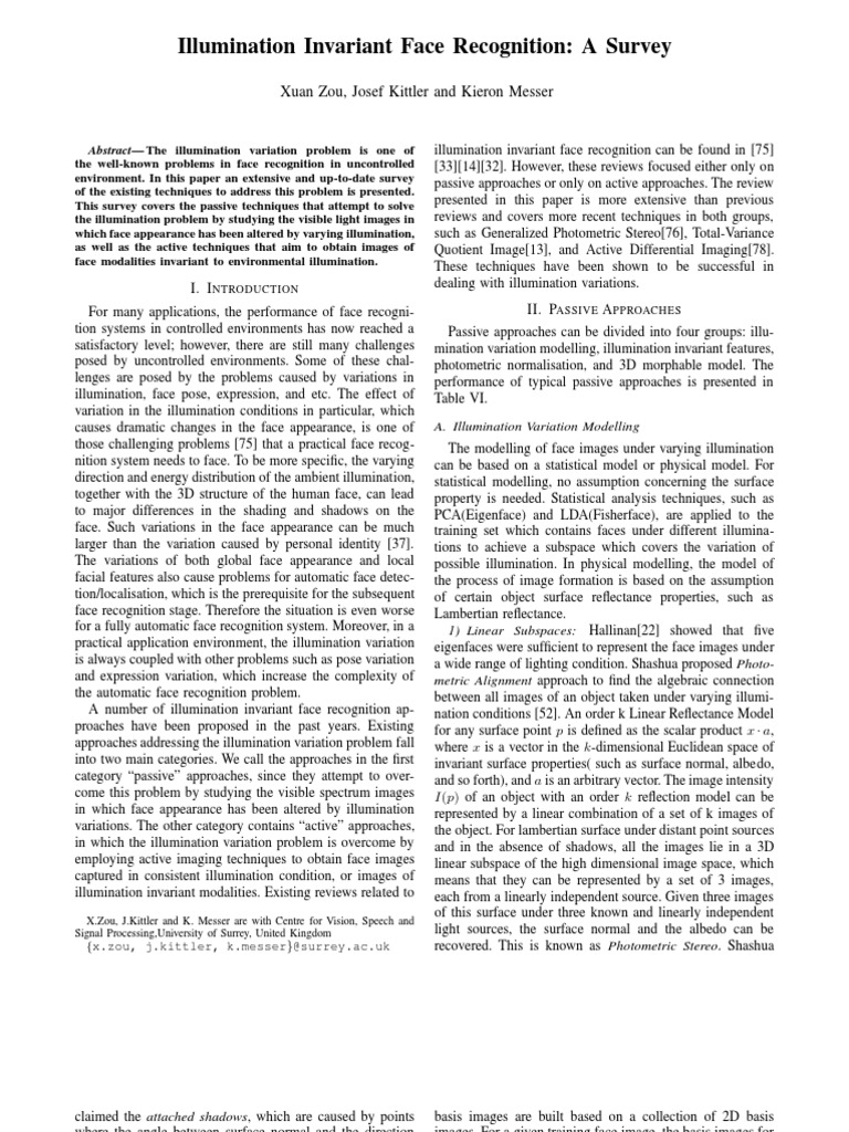 Illumination Invariant Face Recognition Survey | PDF | Infrared | Lighting
