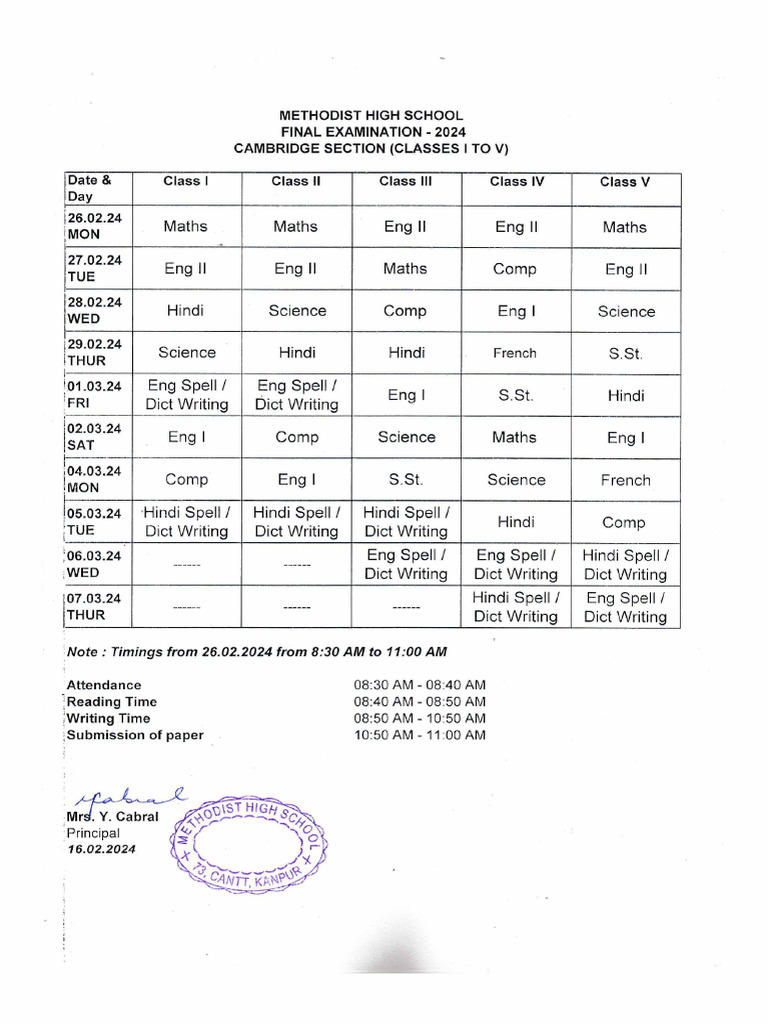 Date Sheet Final Exam For Cambridge Cl. 1 To 5 | PDF