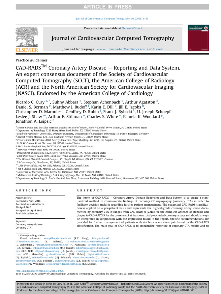 CAD-RADS Reporting System - SCCT 2016 | PDF