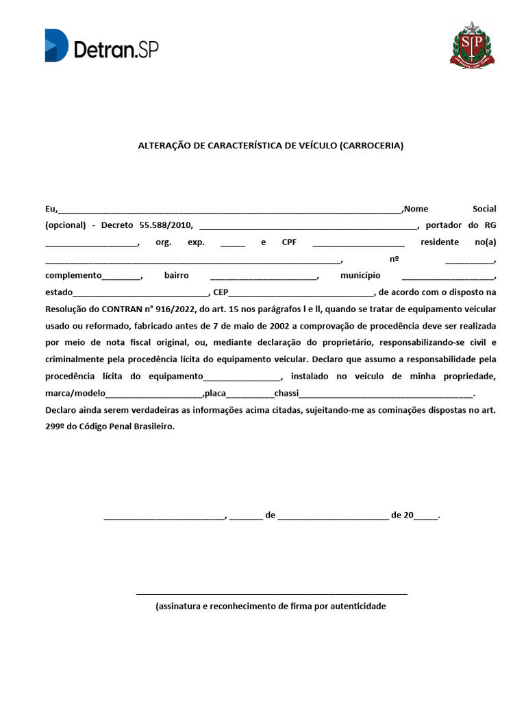 Alteração de Característica de Veículo (Carroceria) | PDF