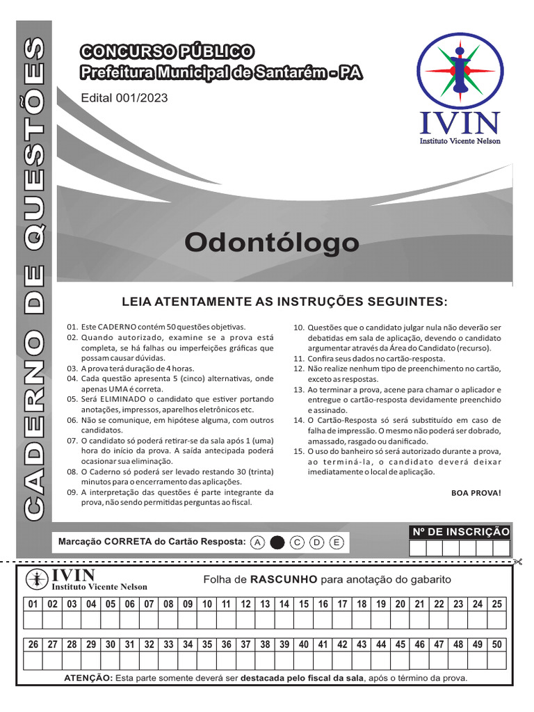 Ivin 2024 Prefeitura de Santarem Pa Odontologo Prova | PDF
