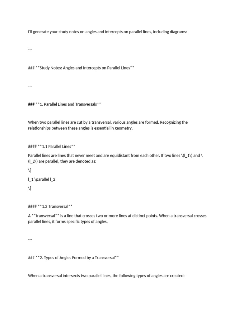 Study Notes On Angles and Intercepts On Parallel Lines | PDF