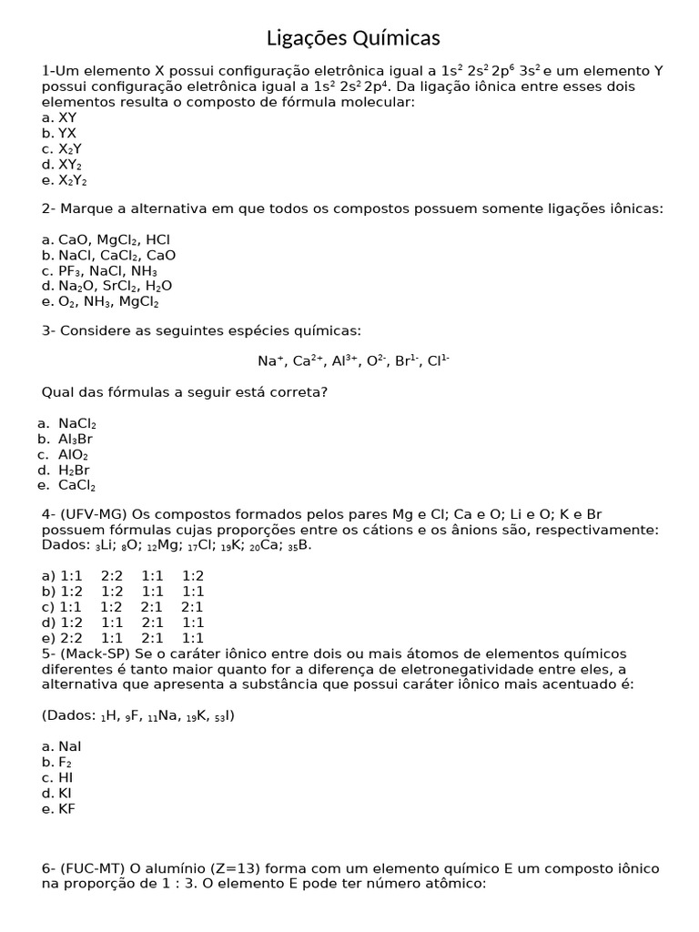 Exercícios sobre Ligações Químicas | PDF | Ligação química | Arte