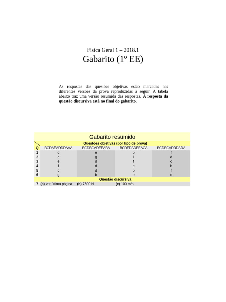 Gabarito - Fisica - 1 - 1EE - 2018 - 1 - Corrigido | PDF