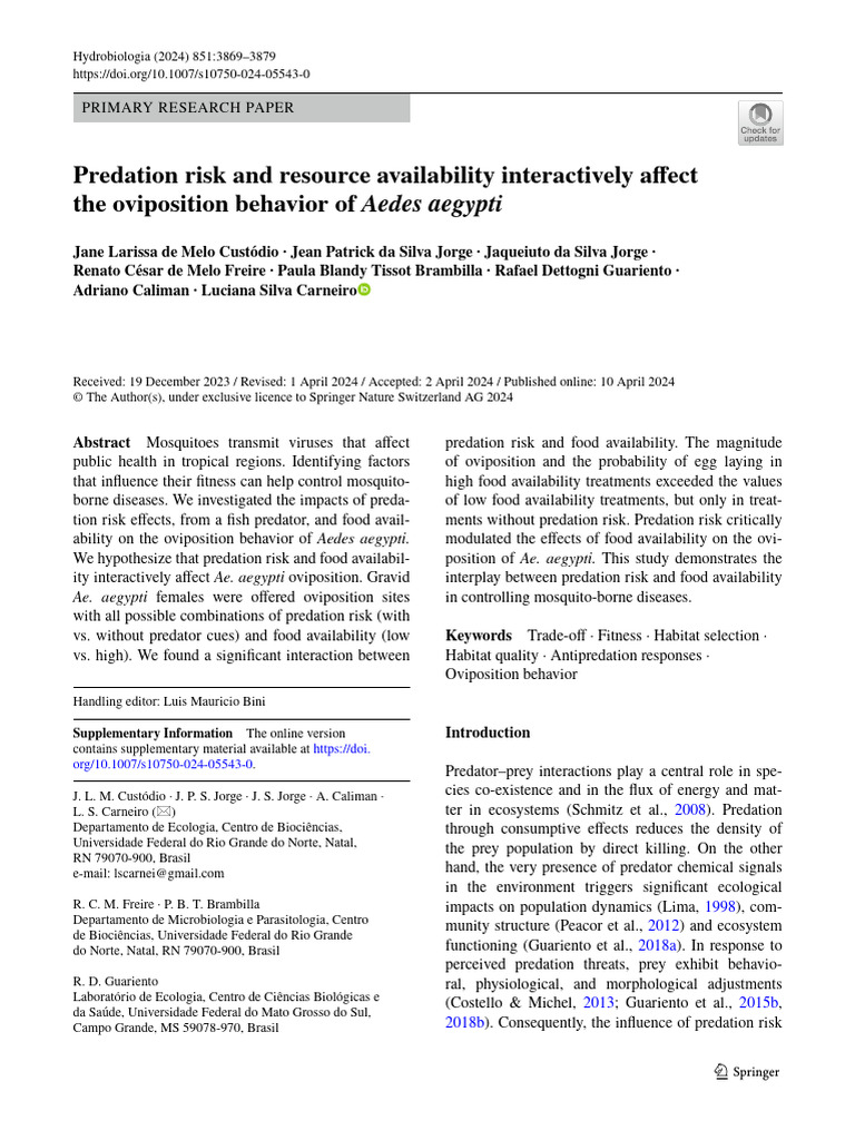 Predation Risk and Resource Availability Interactively Affect The ...