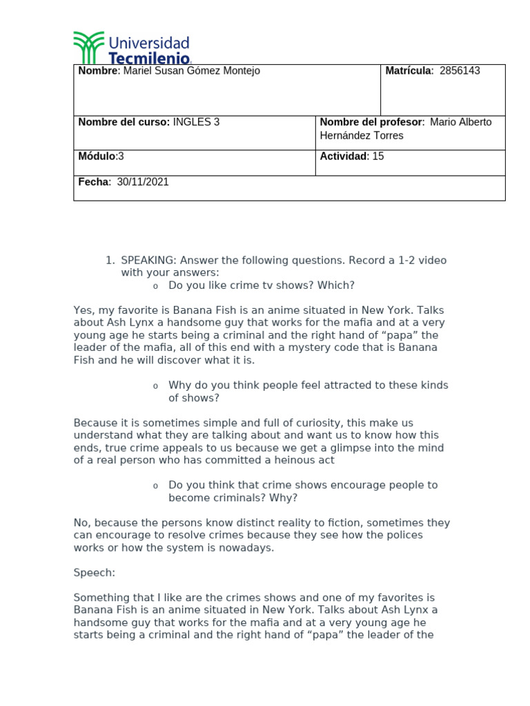 Activity 15 Ingles 3 MSGM | PDF