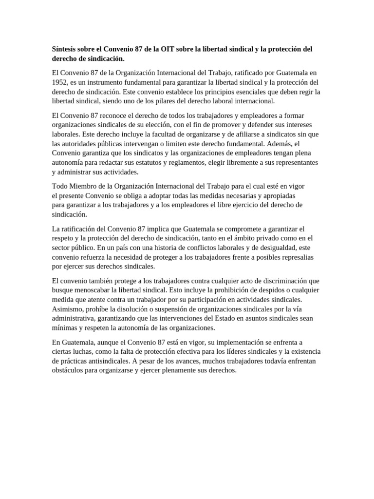 Síntesis Sobre El Convenio 87 de La OIT Sobre La Libertad Sindical y La ...