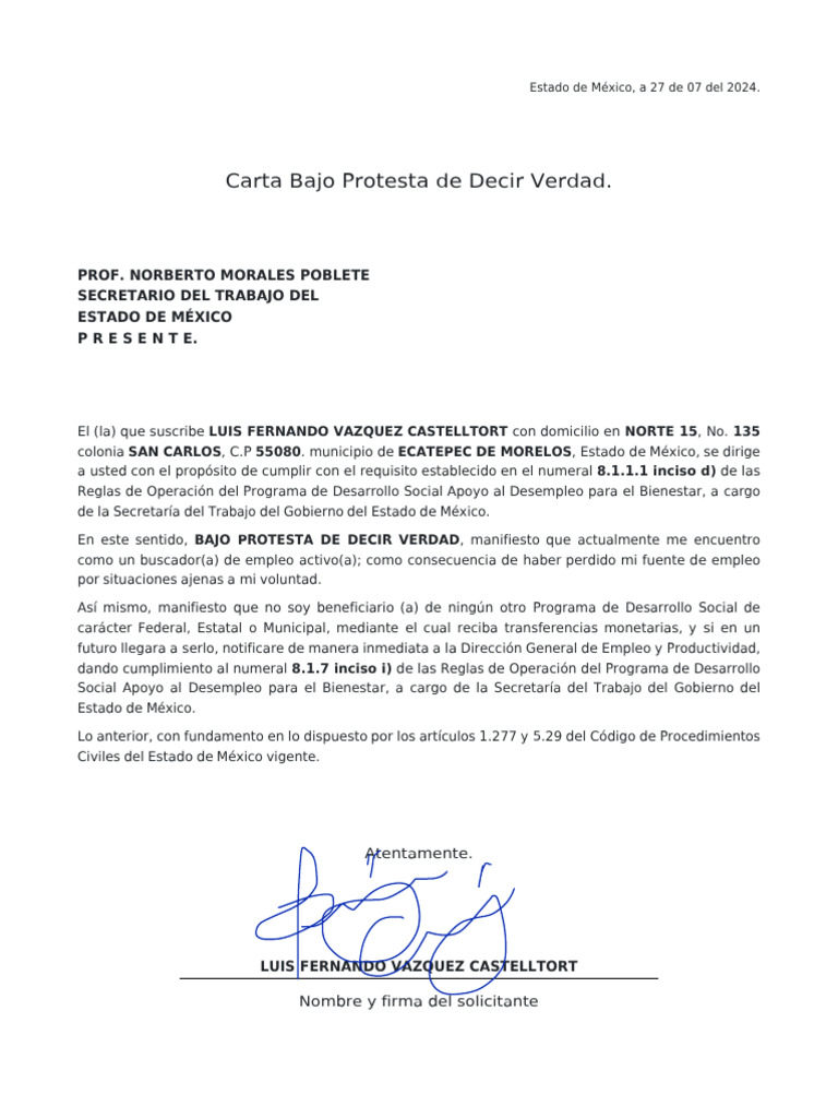 Carta bajo protesta | PDF