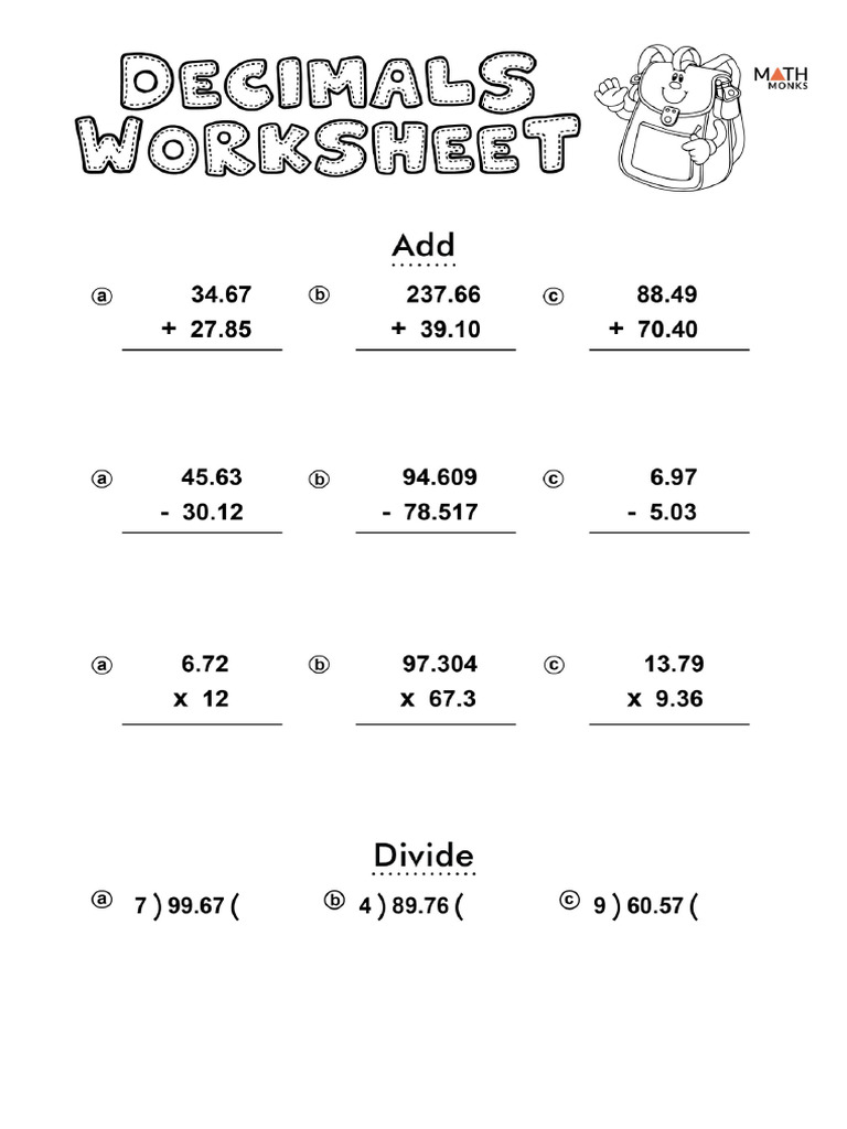 Add Subtract Multiply Divide Decimals Worksheet | PDF
