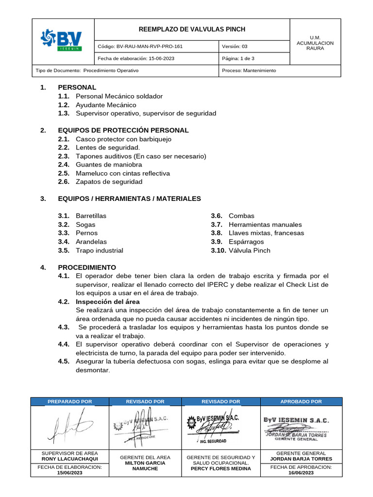 Bv-Rau-Man-Rvp-Pro-161 Reemplazo Valvula Pinch | PDF