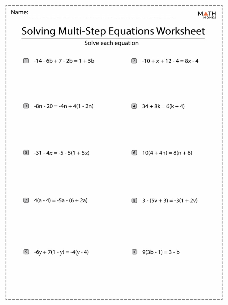 Multi Step Equations Worksheet 8th Grade PDF