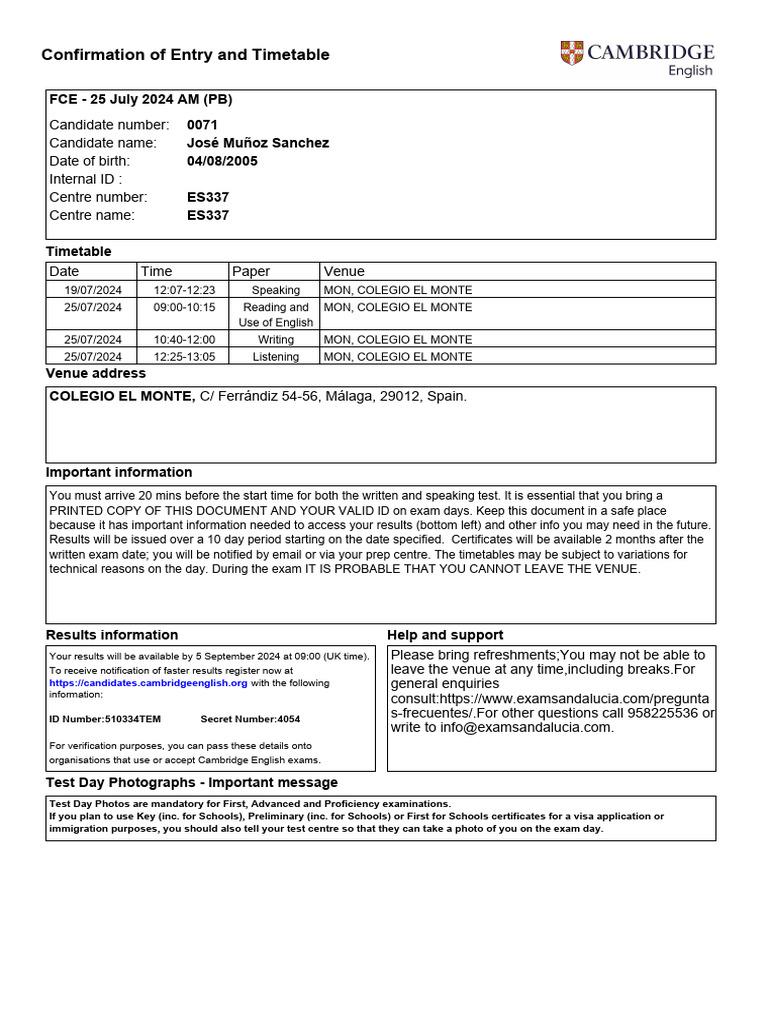 Confirmation of Entry and Timetable: FCE - 25 July 2024 AM (PB) 0071 ...