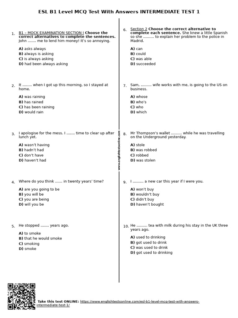 680 - Esl b1 Level MCQ Test With Answers Intermediate Test 1 | PDF