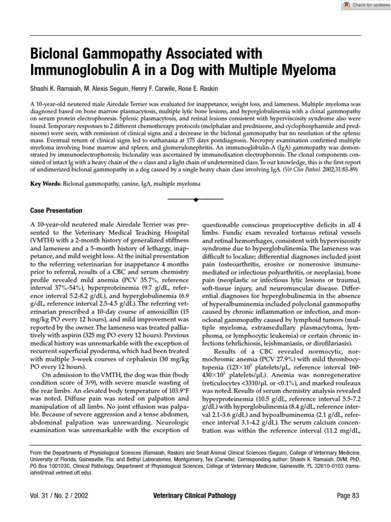 2002 biclonal gammopathy associated with immunoglobulin a in a dog with